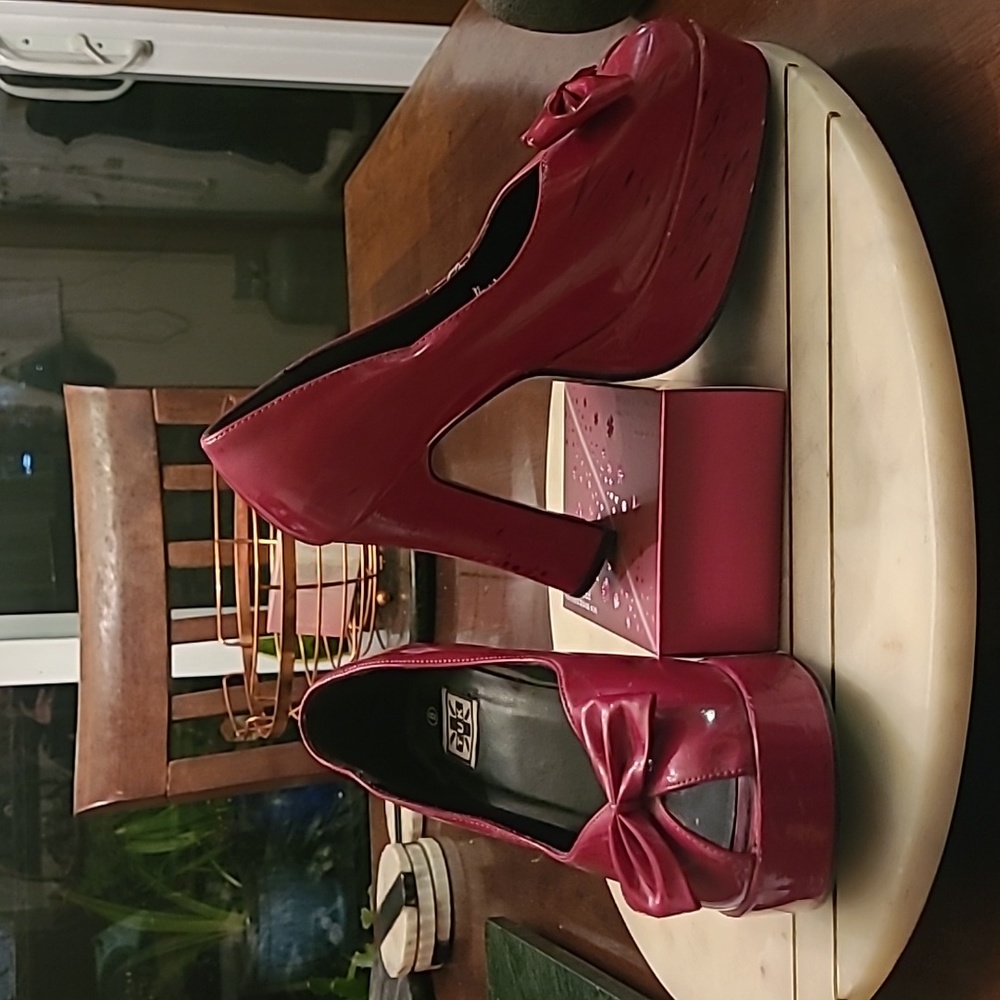 Cherry red, platform peeptoe heels